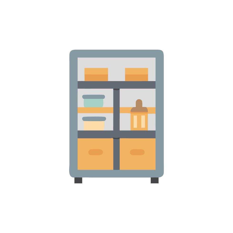 Cartoon style shelving unit with assorted containers and drawers vector