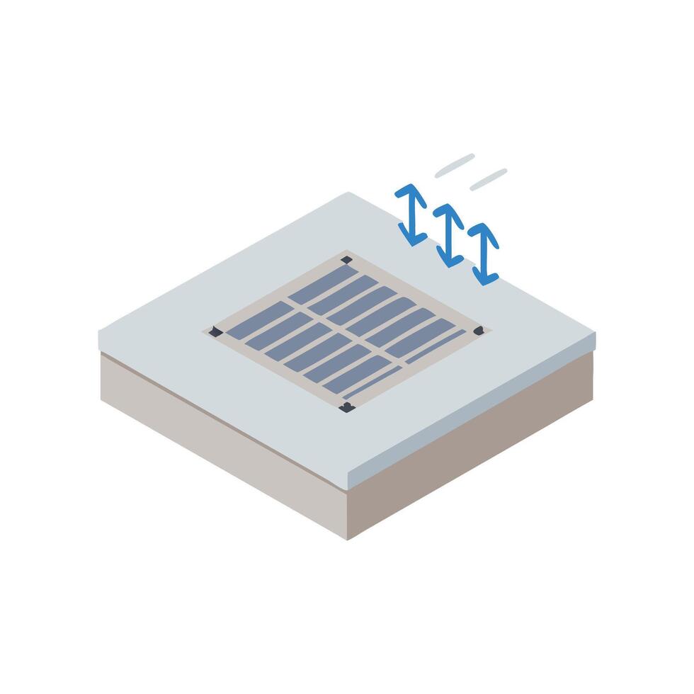 Isometric grid with arrow indicating data flow and ventilation vector