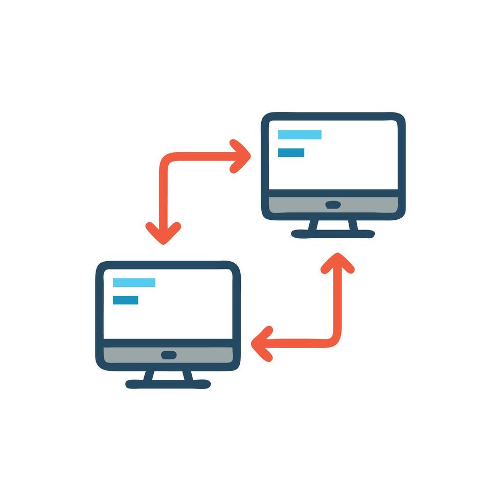 Data transfer between computers depicted with arrows in flat style vector