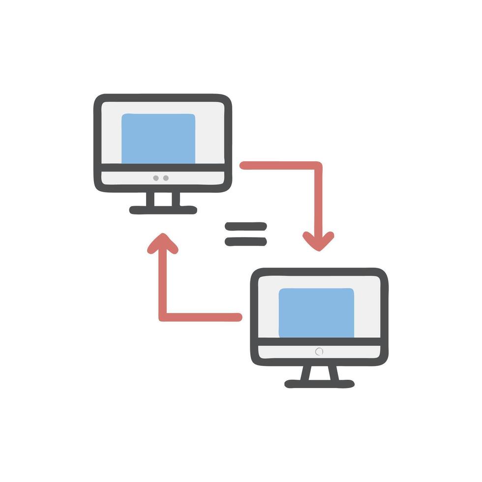 Data sharing between computers depicted in flat design style vector