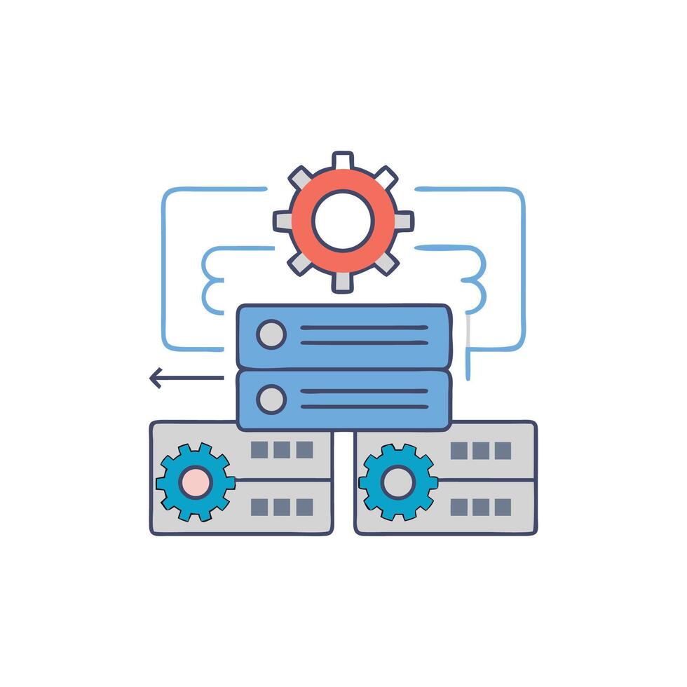 Server configuration and data flow diagram on White Background vector
