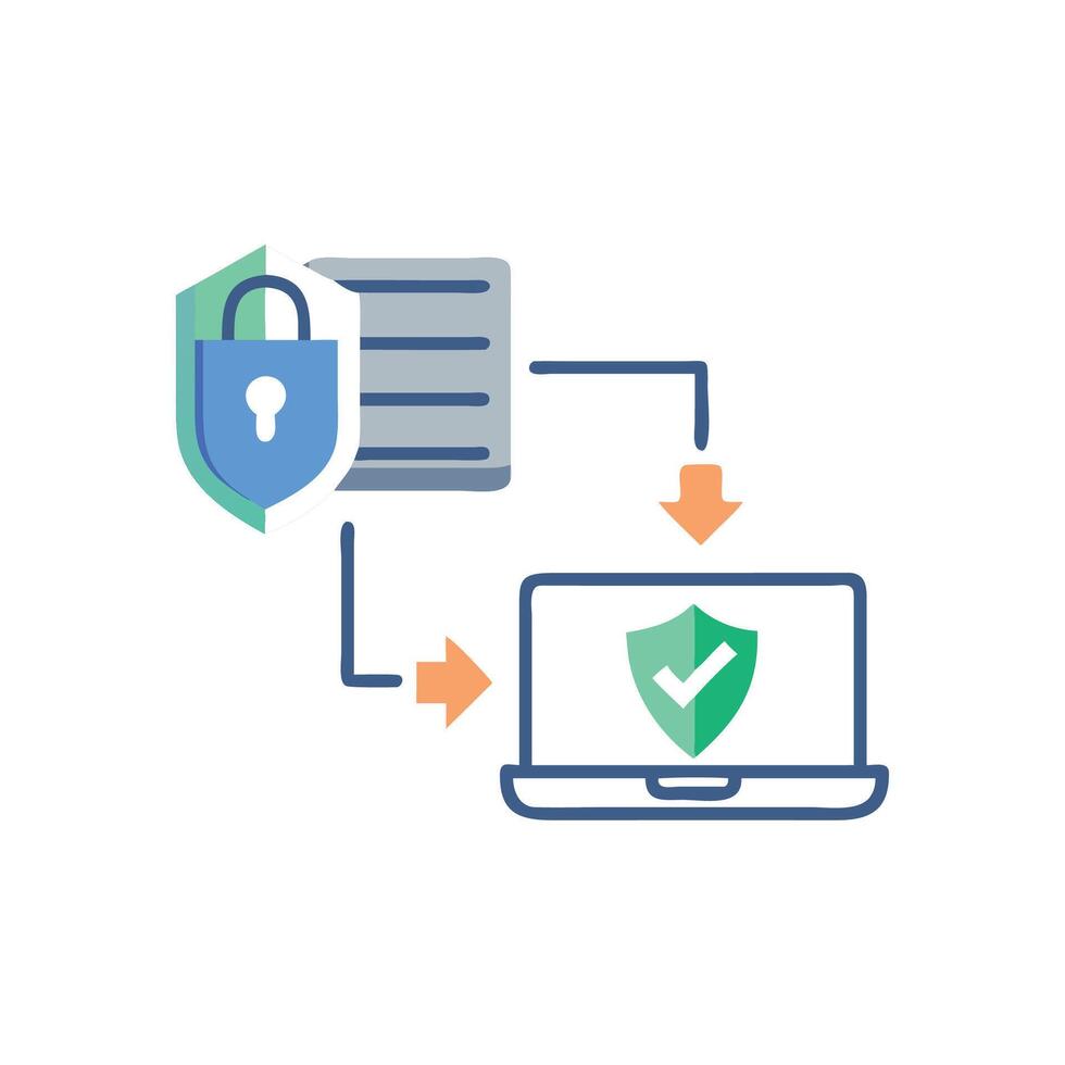Data security network showing padlock linked with laptop computer vector