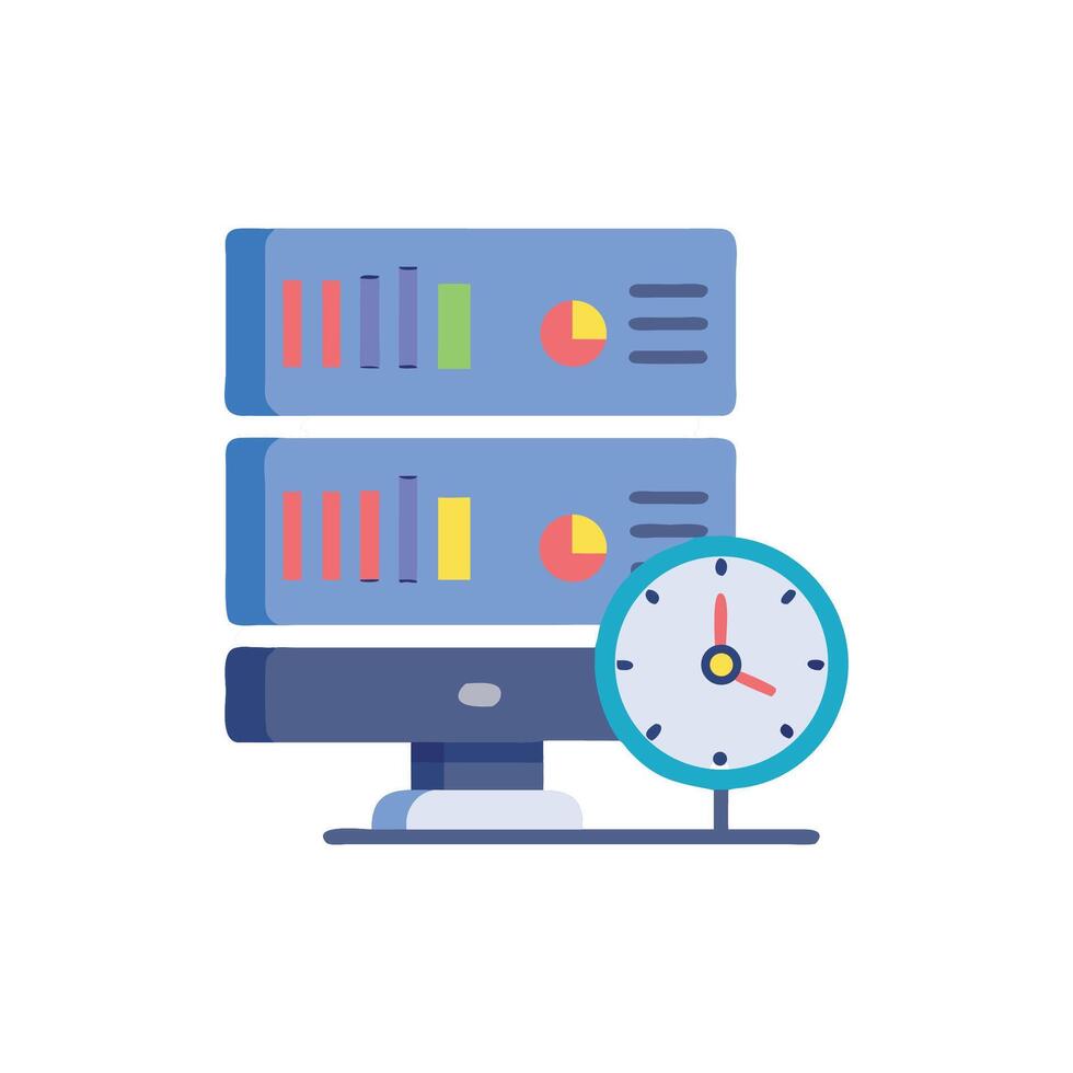 Server analytics monitoring with clock illustration in design vector