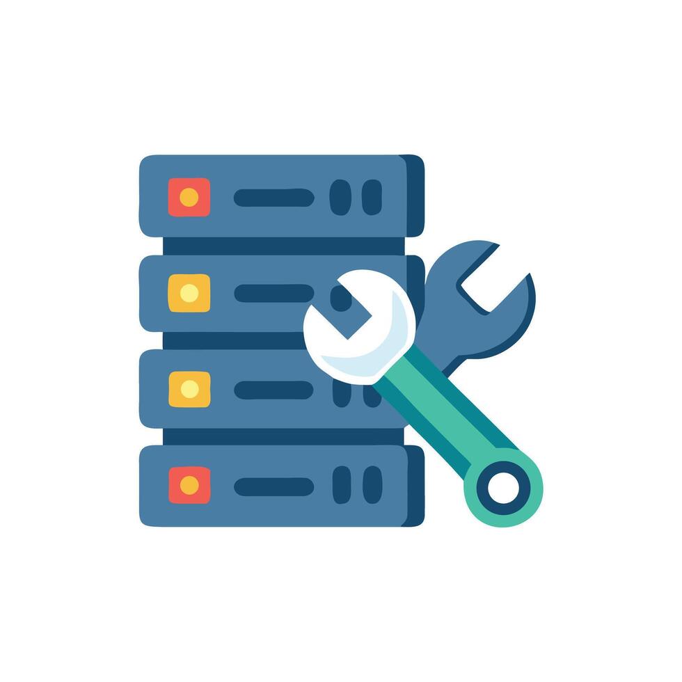 Server rack maintenance with wrench tool cartoon illustration vector