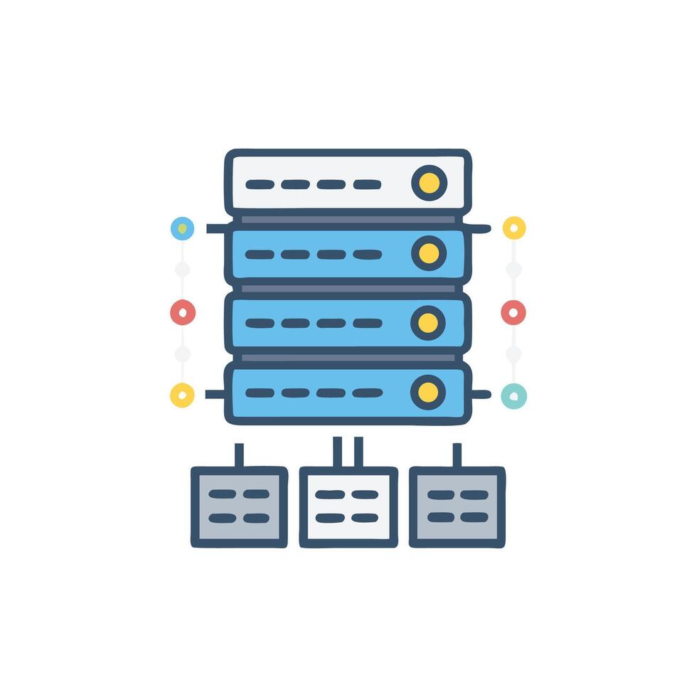 Network server rack with connected databases in flat design vector
