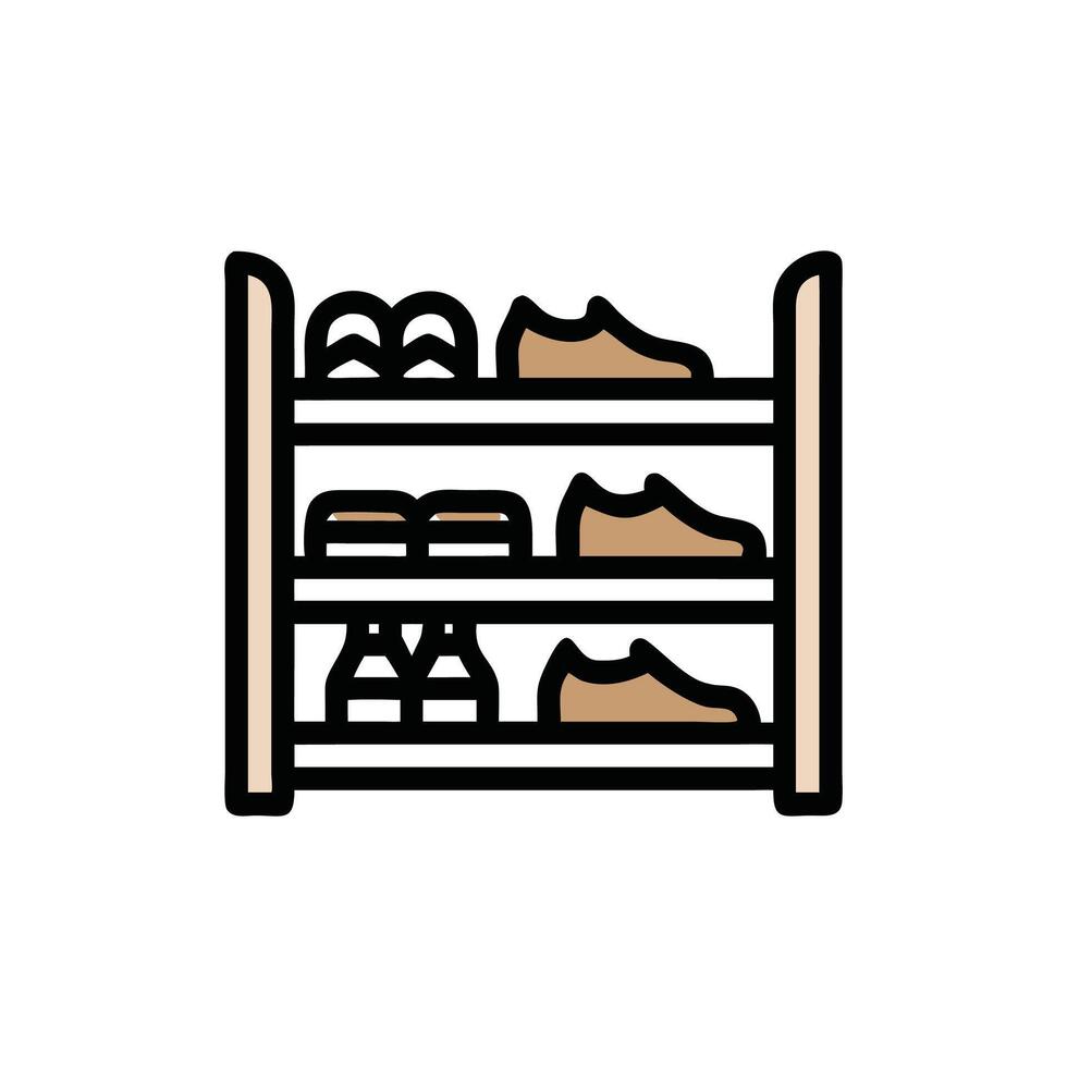 Minimalist shoe rack with several pairs of brown shoes vector