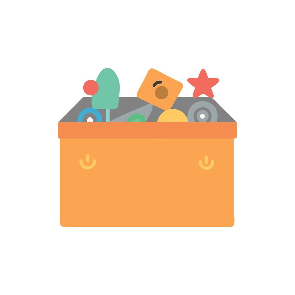 Stylized orange box filled with colorful geometric toy shapes vector