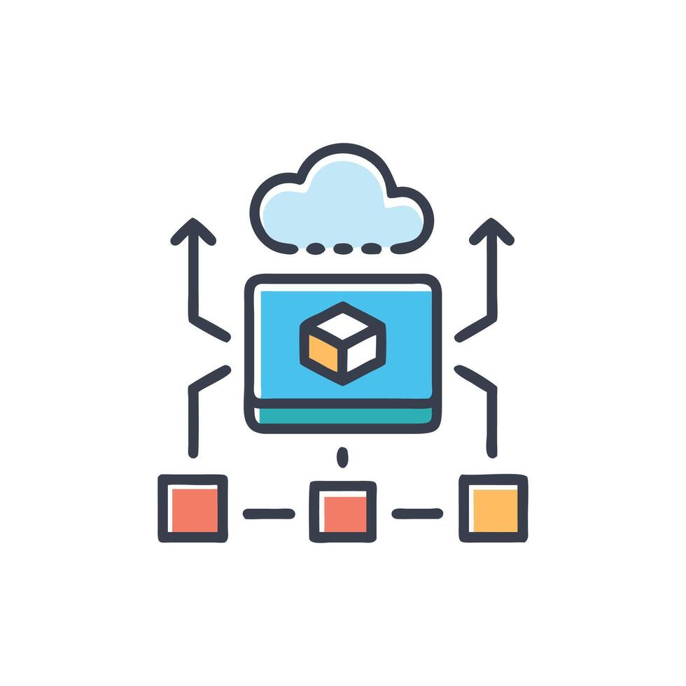 Cloud Computing Network with Monitor Showing a 3D Object vector
