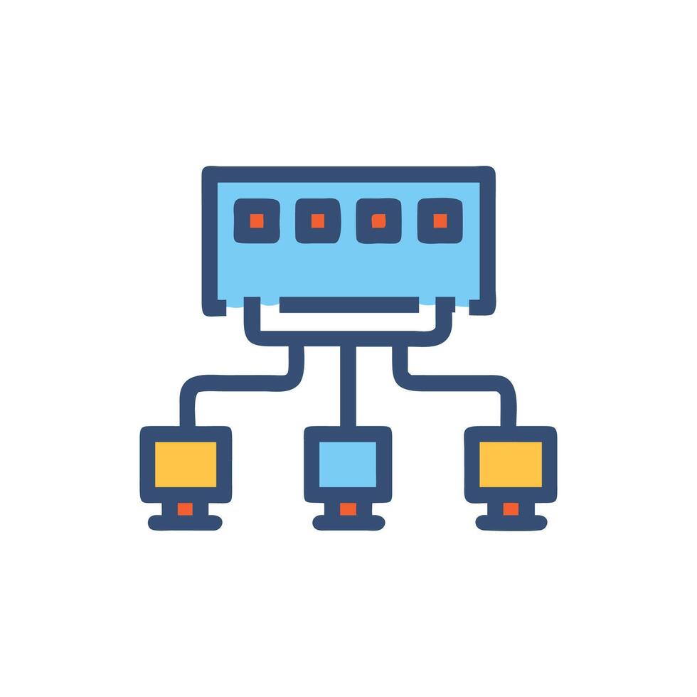 Network server connecting multiple computers schematic illustration vector