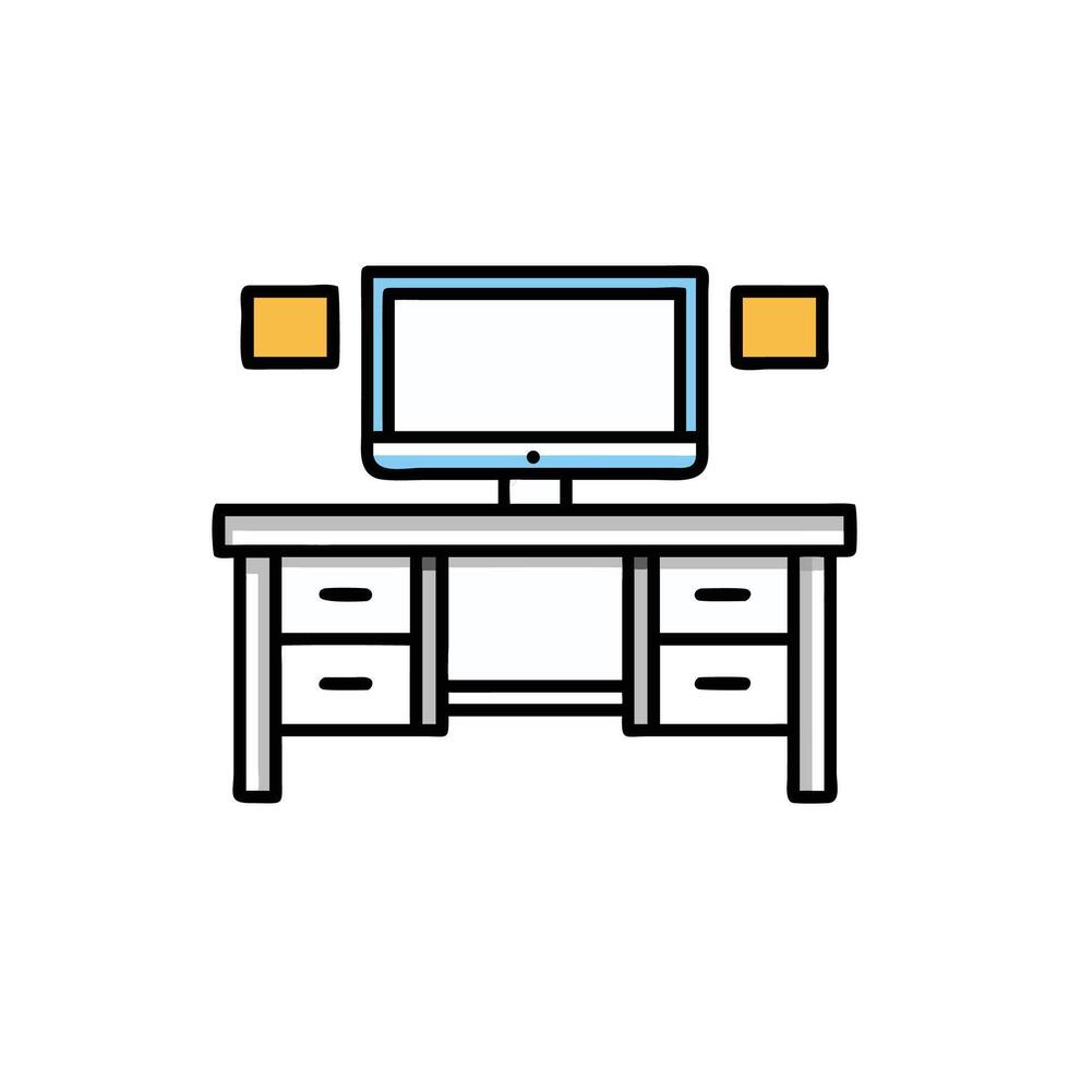 Modern desk with computer monitor flat illustration vector