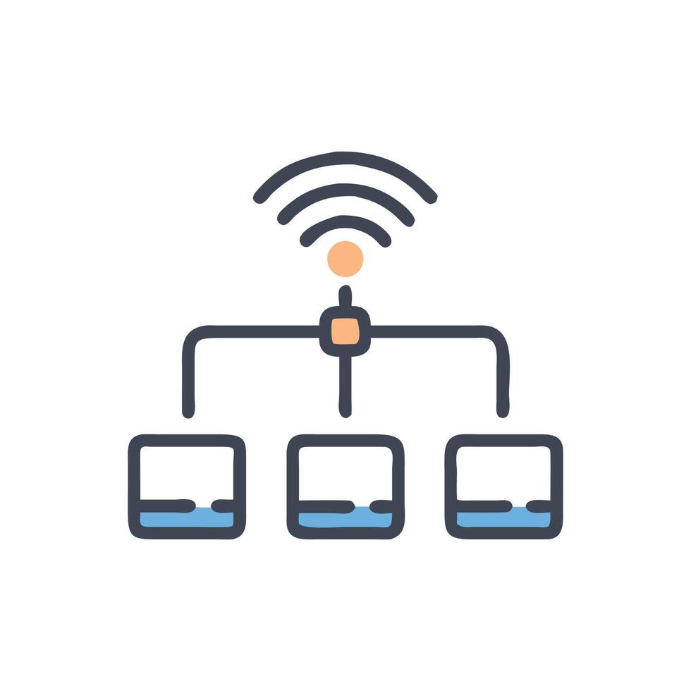 Illustration of network connection with server and data blocks vector