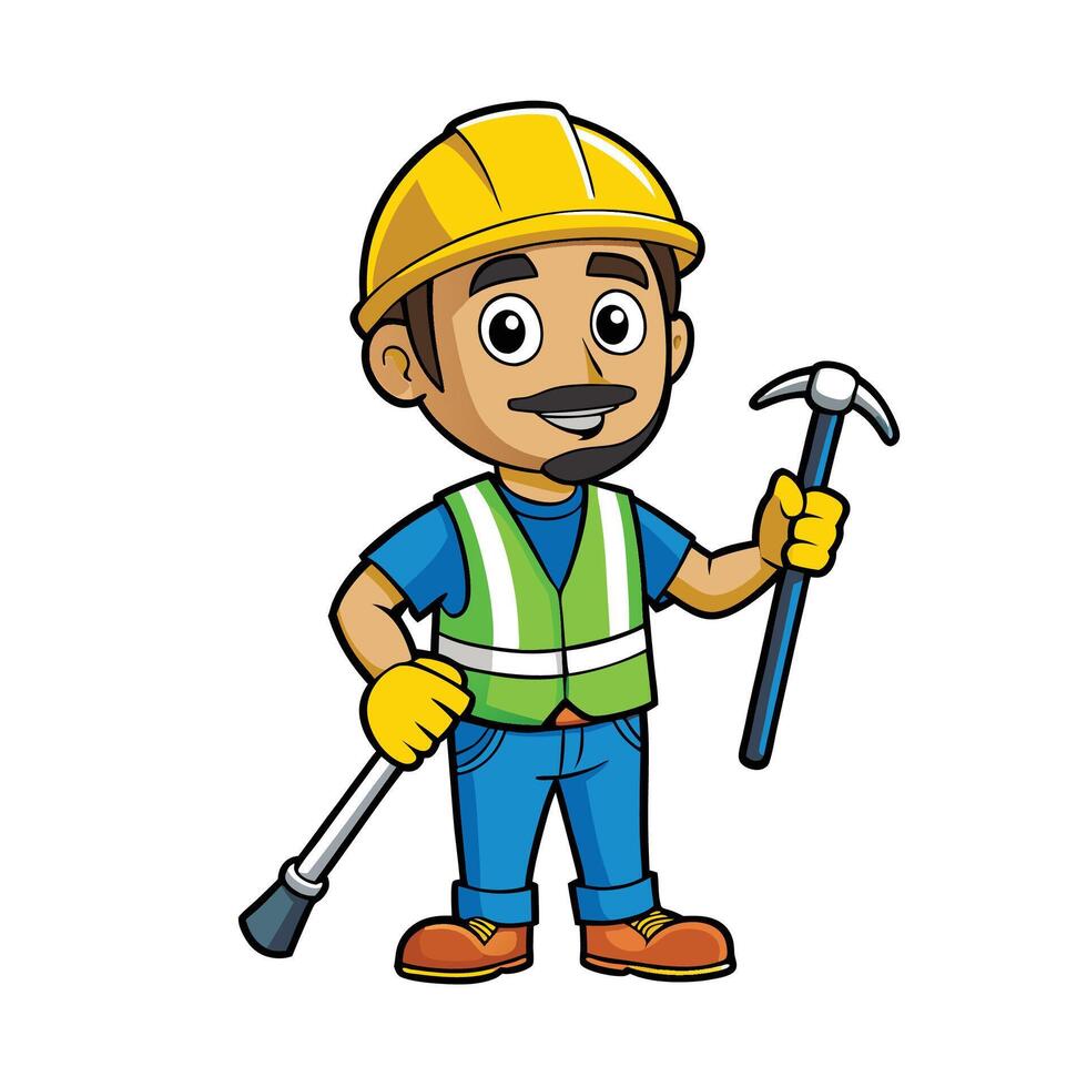 Cartoon construction worker character holding tools and smiling vector