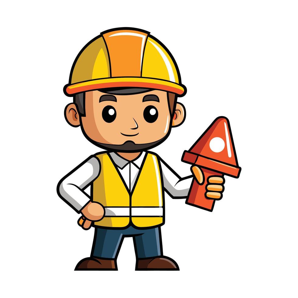 Cartoon Construction Worker Holding Traffic Cone Illustration vector