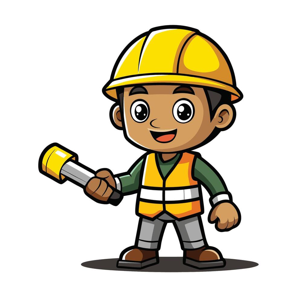 Cartoon Construction Worker with Hard Hat and Flashlight vector