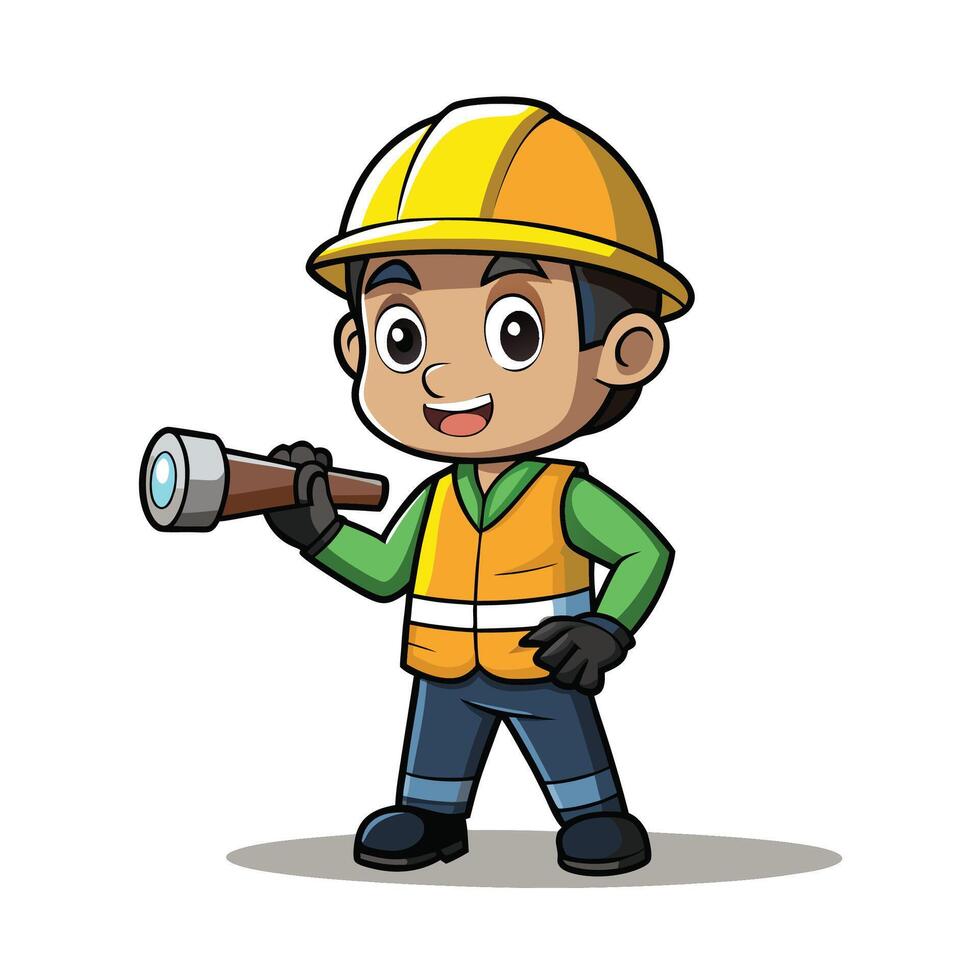 Cartoon worker with telescope wearing hardhat and vest vector