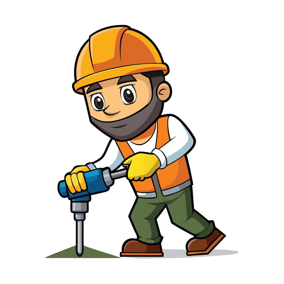 Cartoon construction worker character with jackhammer drilling ground vector