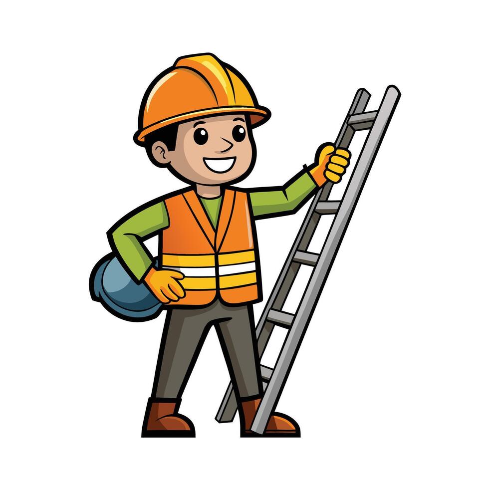 Cartoon worker with hardhat and ladder illustration vector