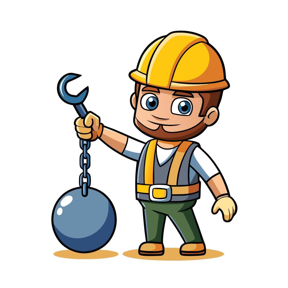 Cartoon construction worker with wrecking ball and wrench vector
