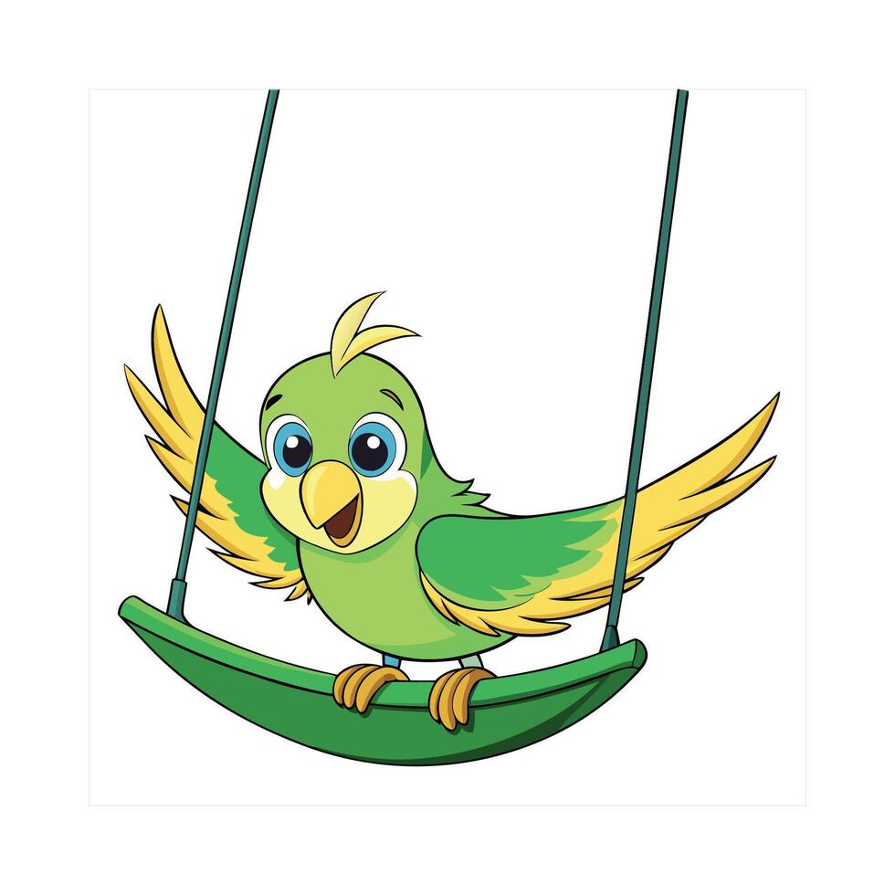 Cheerful Parakeet Perched on Swing with Green Feathers vector