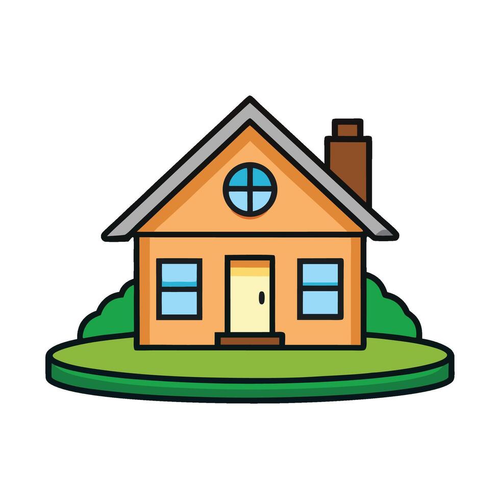 Cute cartoon house with green yard and chimney vector