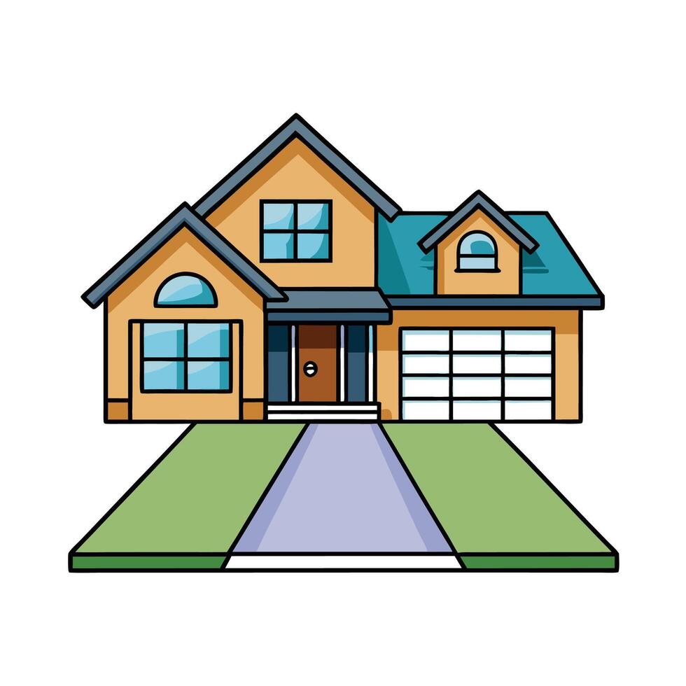 Cartoon home with lawn, house, and driveway icon vector