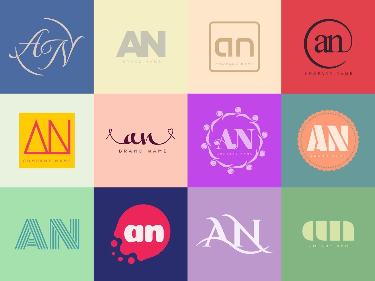 AN logo company template. Letter a and n logotype. Set different classic serif lettering and modern bold text with design elements. Initial font typography. vector