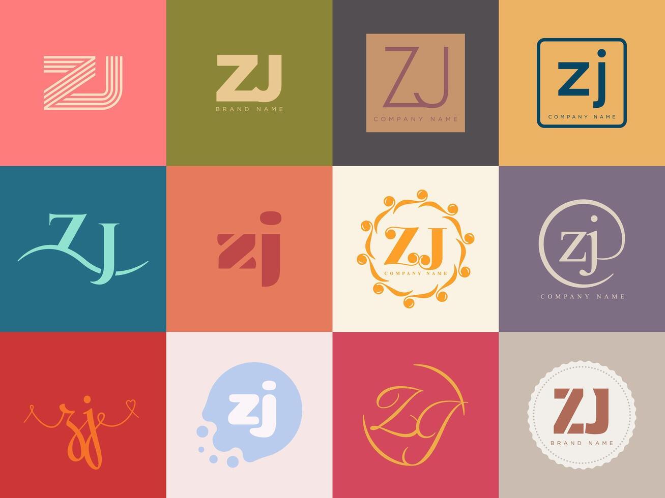 ZJ logo company template. Letter z and j logotype. Set different classic serif lettering and modern bold text with design elements. Initial font typography. vector