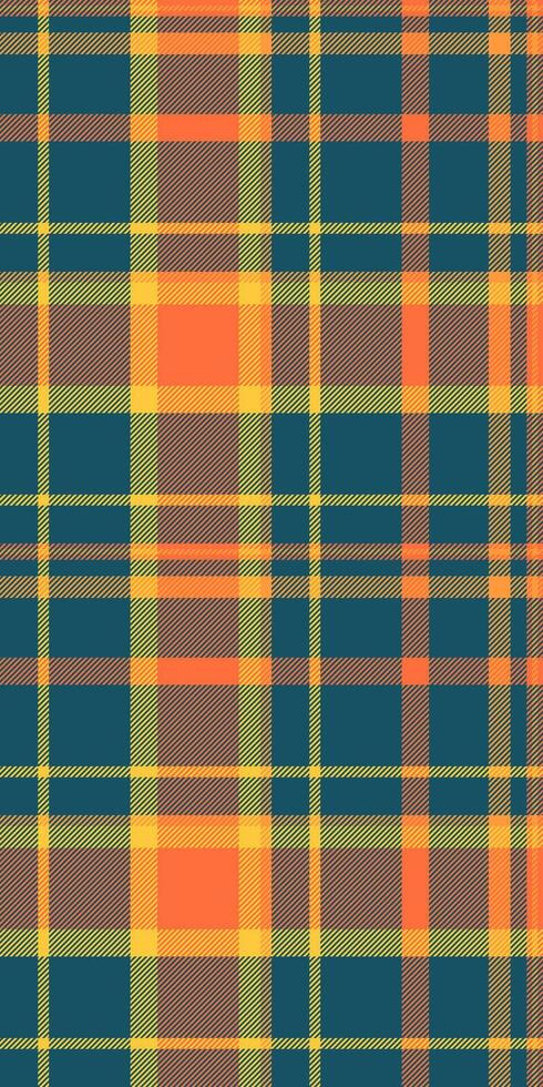 Vibrant autumnal plaid pattern in teal, orange, and gold. Perfect for fall fashion designs, textiles, website backgrounds, or crafting projects. This seamless texture evokes warmth and rustic charm. vector