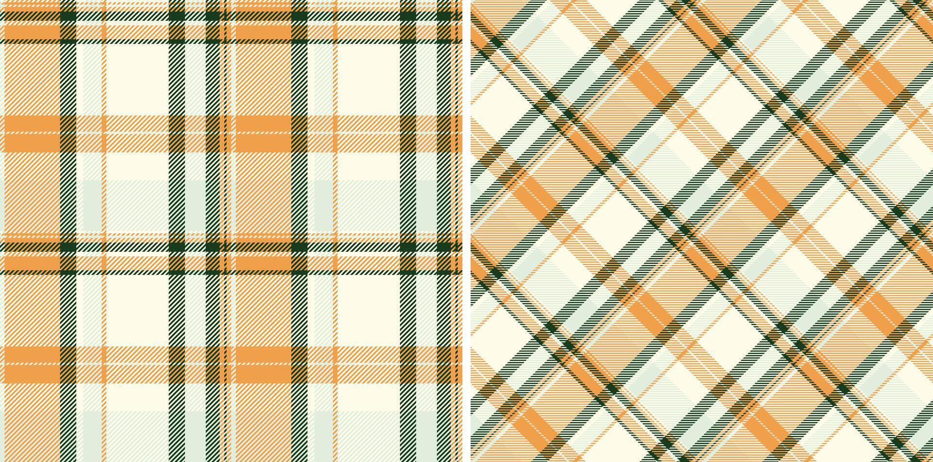 Two seamless autumnal plaid patterns in soft orange, green, and cream. Perfect for fallthemed designs, textiles, backgrounds, or website assets. Evokes feelings of warmth, comfort, and rustic charm. vector