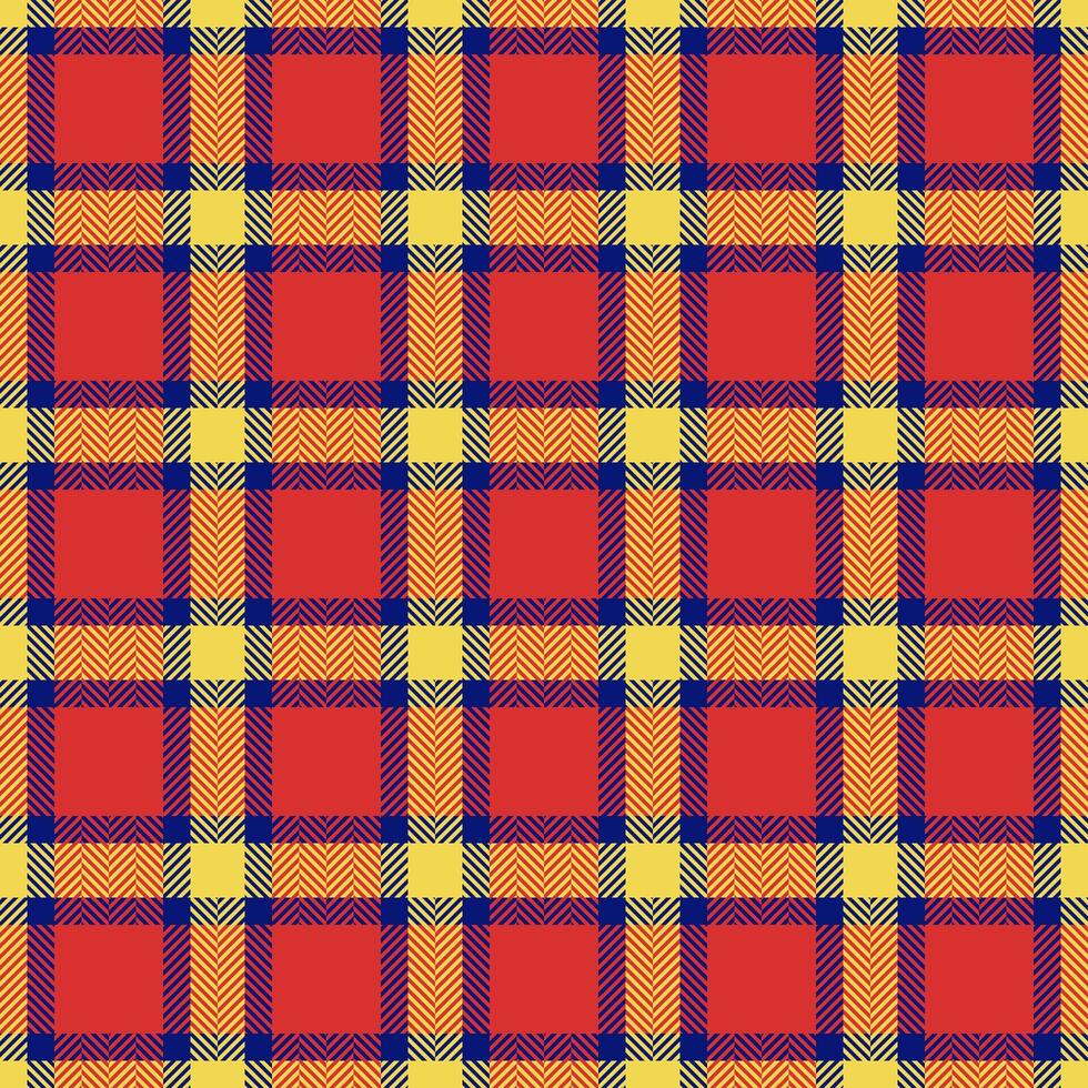 Classic tartan pattern featuring vibrant red, yellow, and navy. Seamless textile design. Perfect for backgrounds, wrapping paper, and fabric mockups. Warm, cozy feel. vector