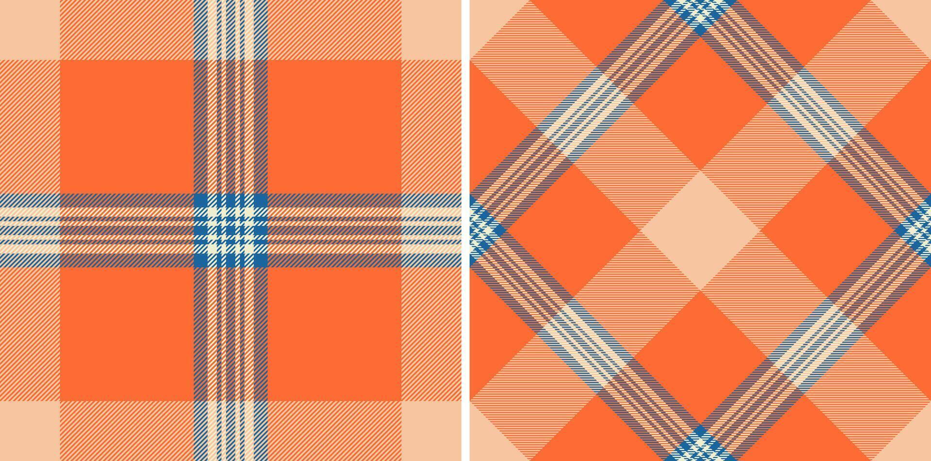 Vibrant orange and blue plaid patterns. Two seamless textile designs, perfect for fashion, home decor, or website backgrounds. Classic check texture with a modern twist. vector