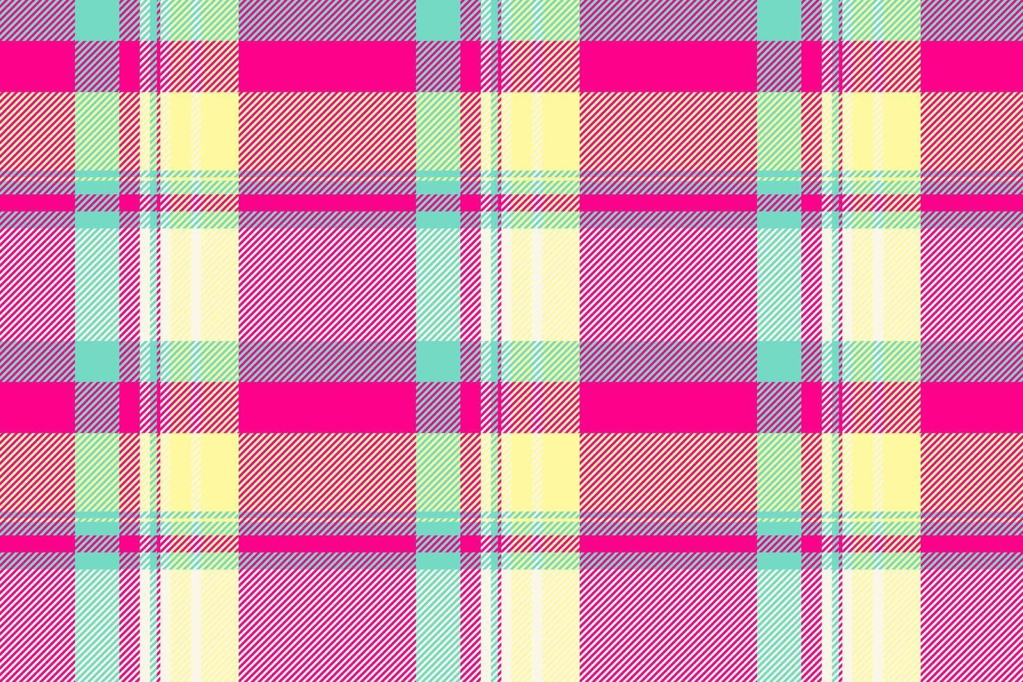 Vibrant plaid pattern featuring pink, yellow, and aqua hues. Ideal for textiles, backgrounds, or design projects needing a colorful and eyecatching texture. vector