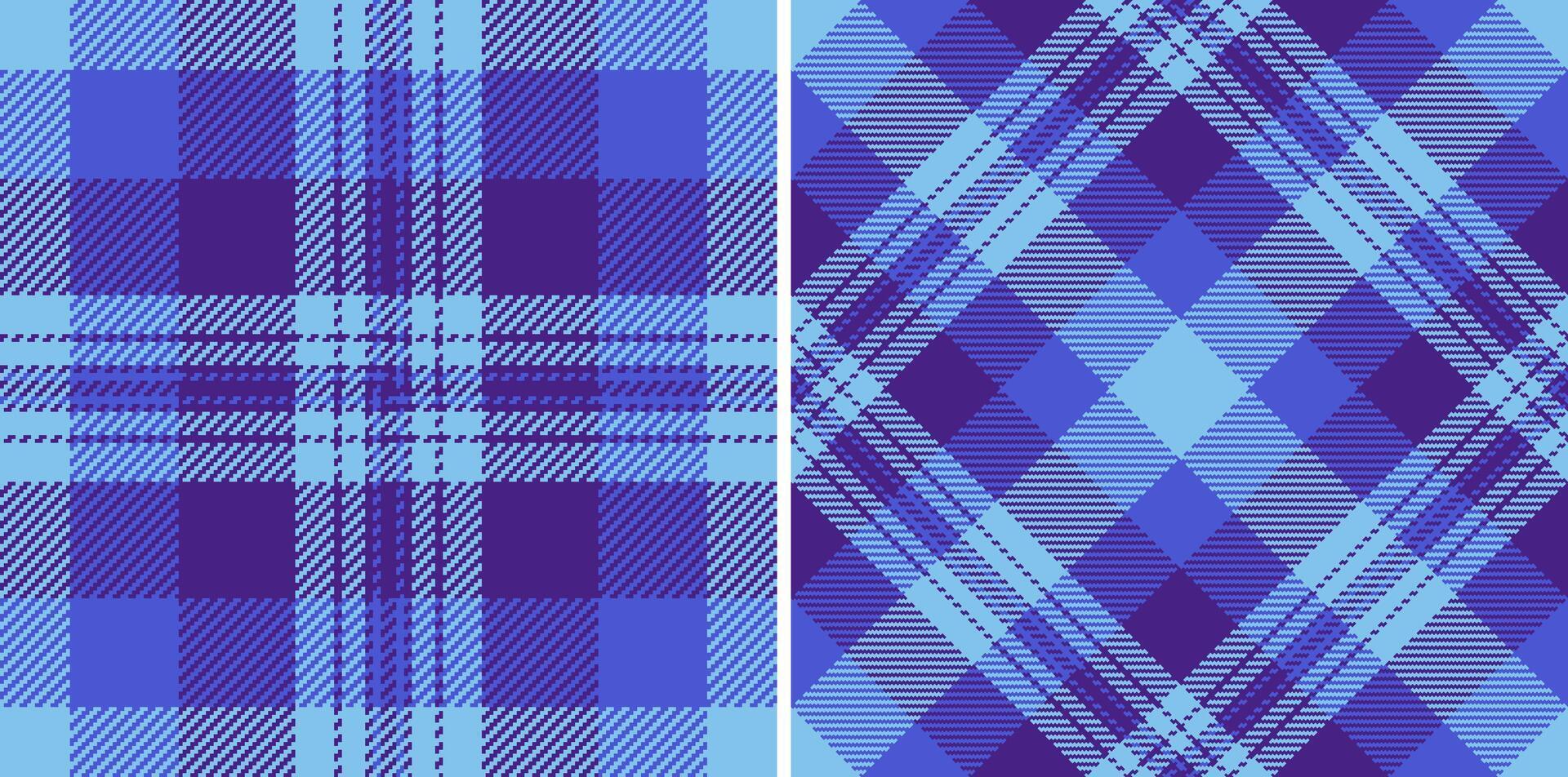 Stunning duo of seamless blue and purple plaid patterns. Perfect for textile design, apparel, or web backgrounds. Versatile and stylish, these checks offer a sophisticated yet cozy aesthetic. vector