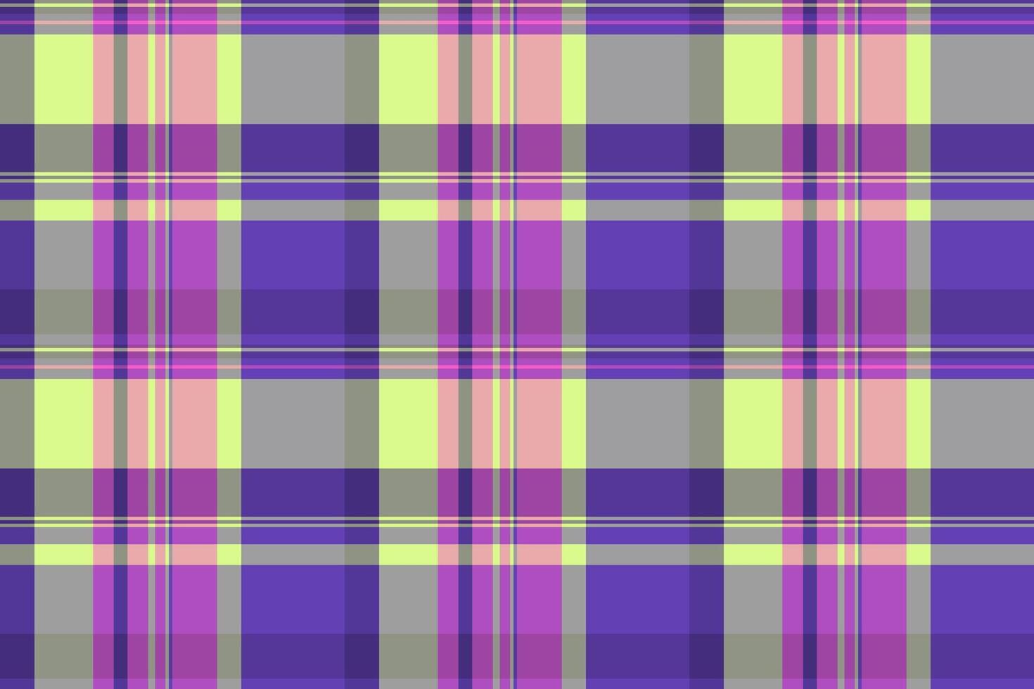 Vibrant pastel plaid pattern in purple, yellow, and pink. Perfect for textile design, website backgrounds, or fashion projects. This cheerful, geometric texture evokes a sense of warmth and style. vector