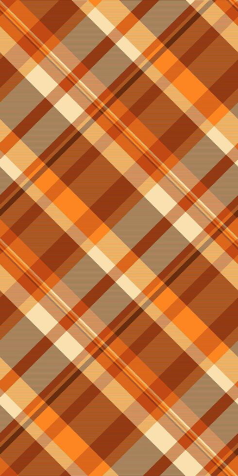 Curved texture plaid tartan, mens shirt seamless background check. Vertical fabric pattern textile in orange and wheat colors. vector