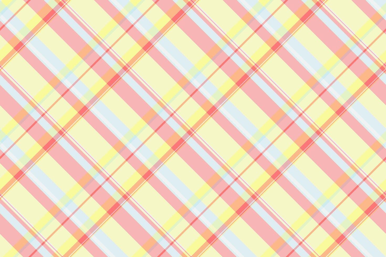 Pastel plaid pattern. Diagonal stripes in soft yellow, pink, and blue create a cheerful, textured backdrop. Ideal for textile design, backgrounds, or illustrations. vector