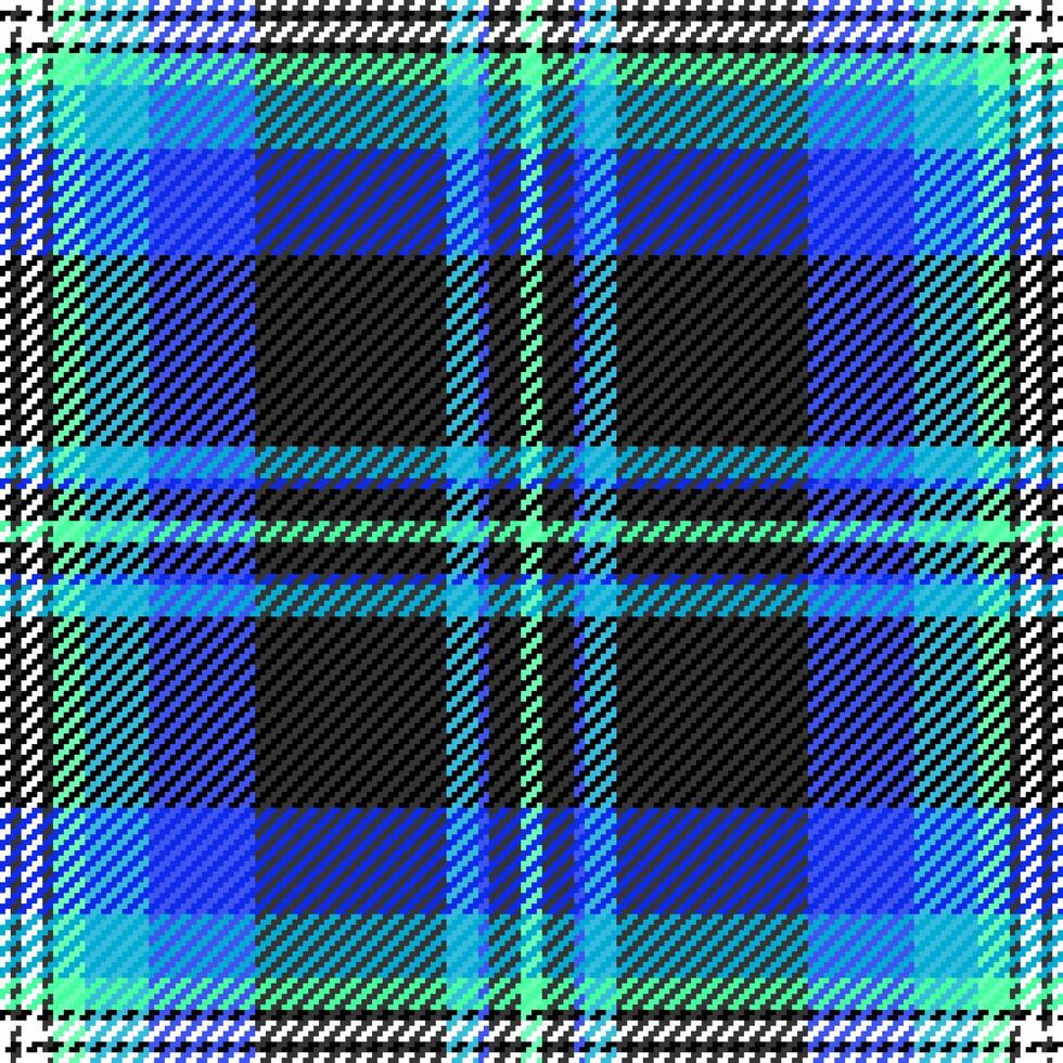 Vibrant blue, teal, and black plaid pattern. A modern textile design ideal for fashion, website backgrounds, or print projects. This bold, geometric texture evokes feelings of energy and style. vector