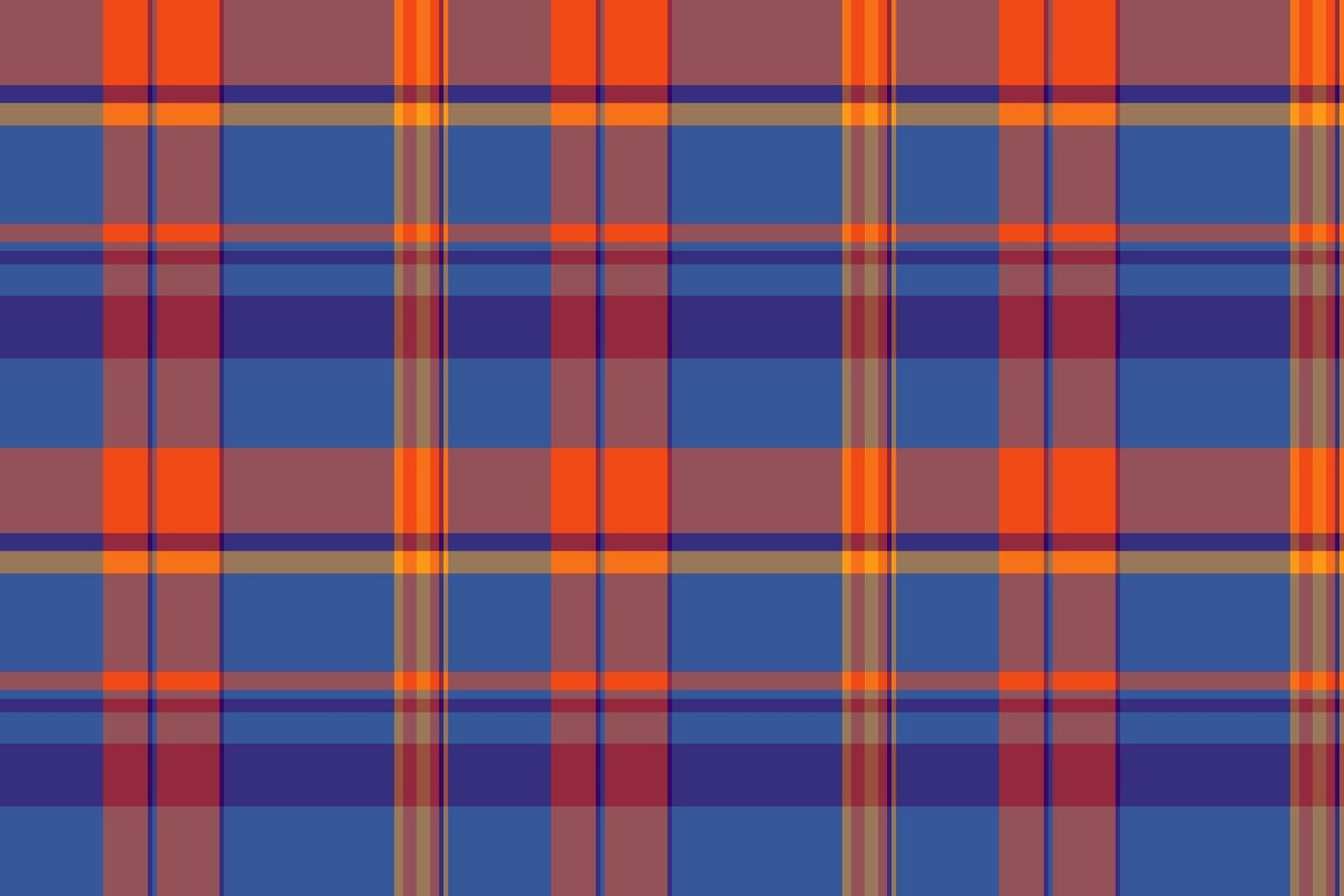Seamless plaid pattern with blue, orange and purple stripes. Useful for backgrounds, textiles, packaging, or adding a retro touch. Versatile graphic asset. vector