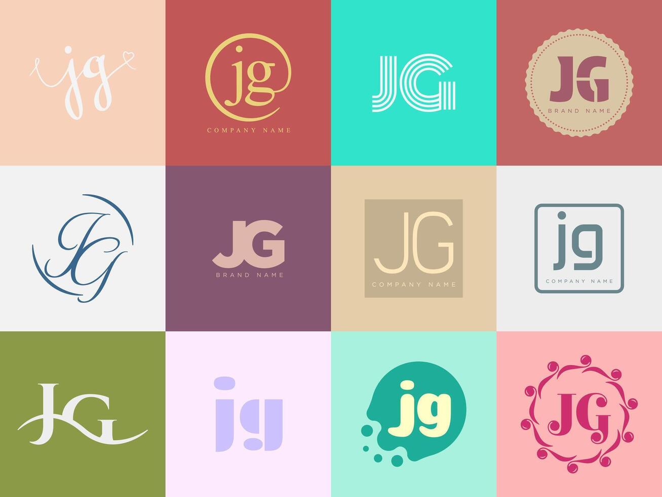 JG logo company template. Letter j and g logotype. Set different classic serif lettering and modern bold text with design elements. Initial font typography. vector