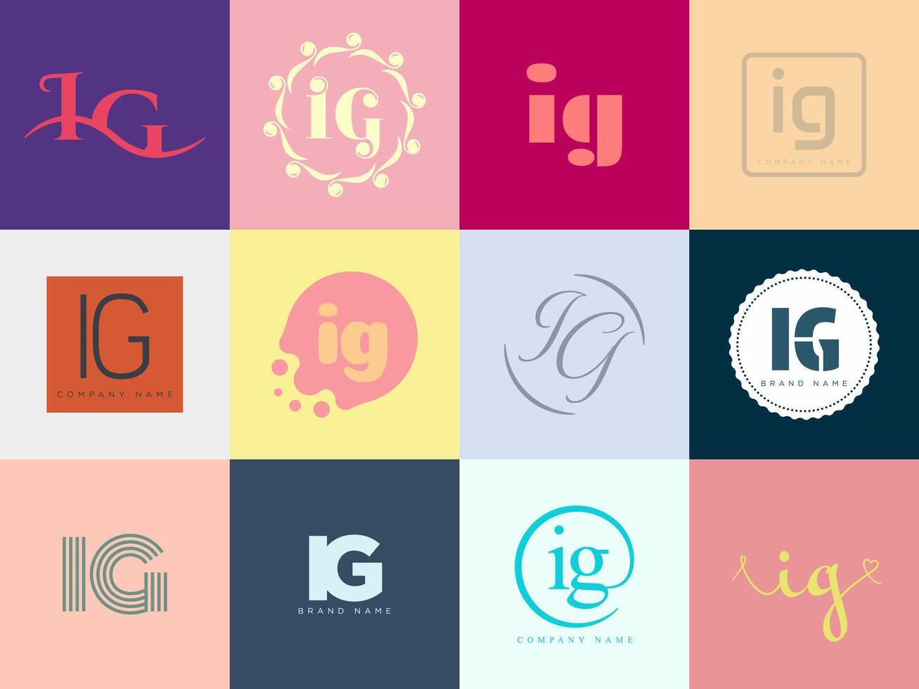 IG logo company template. Letter i and g logotype. Set different classic serif lettering and modern bold text with design elements. Initial font typography. vector