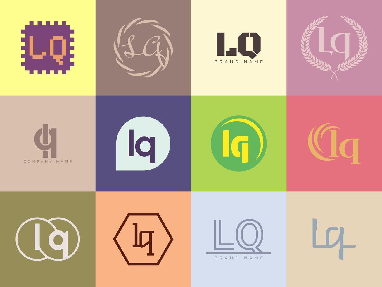 LQ logo company template. Letter l and q logotype. Set different classic serif lettering and modern bold text with design elements. Initial font typography. vector