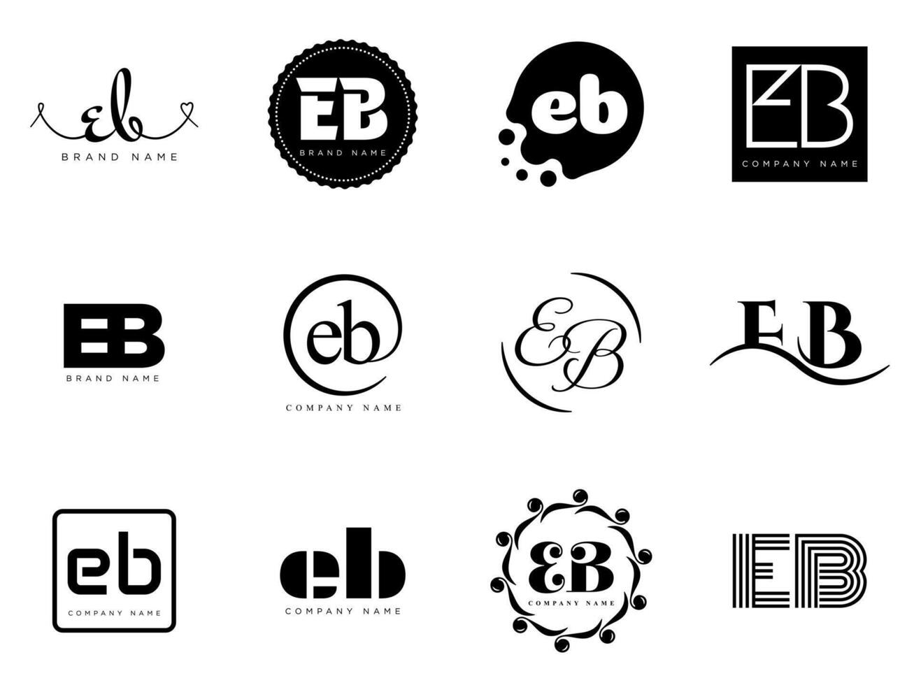 EB logo company template. Letter e and b logotype. Set different classic serif lettering and modern bold text with design elements. Initial font typography. vector
