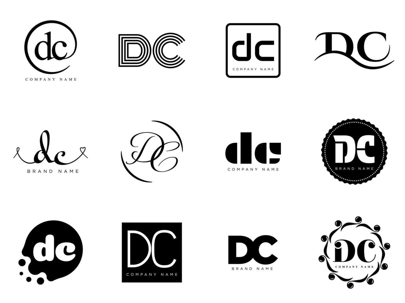DC logo company template. Letter d and c logotype. Set different classic serif lettering and modern bold text with design elements. Initial font typography. vector