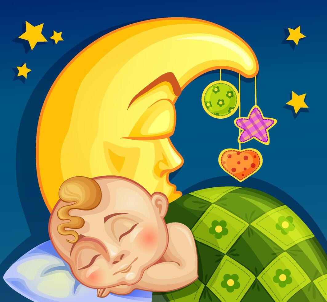 Child sleeping on moon background. illustration for kids vector