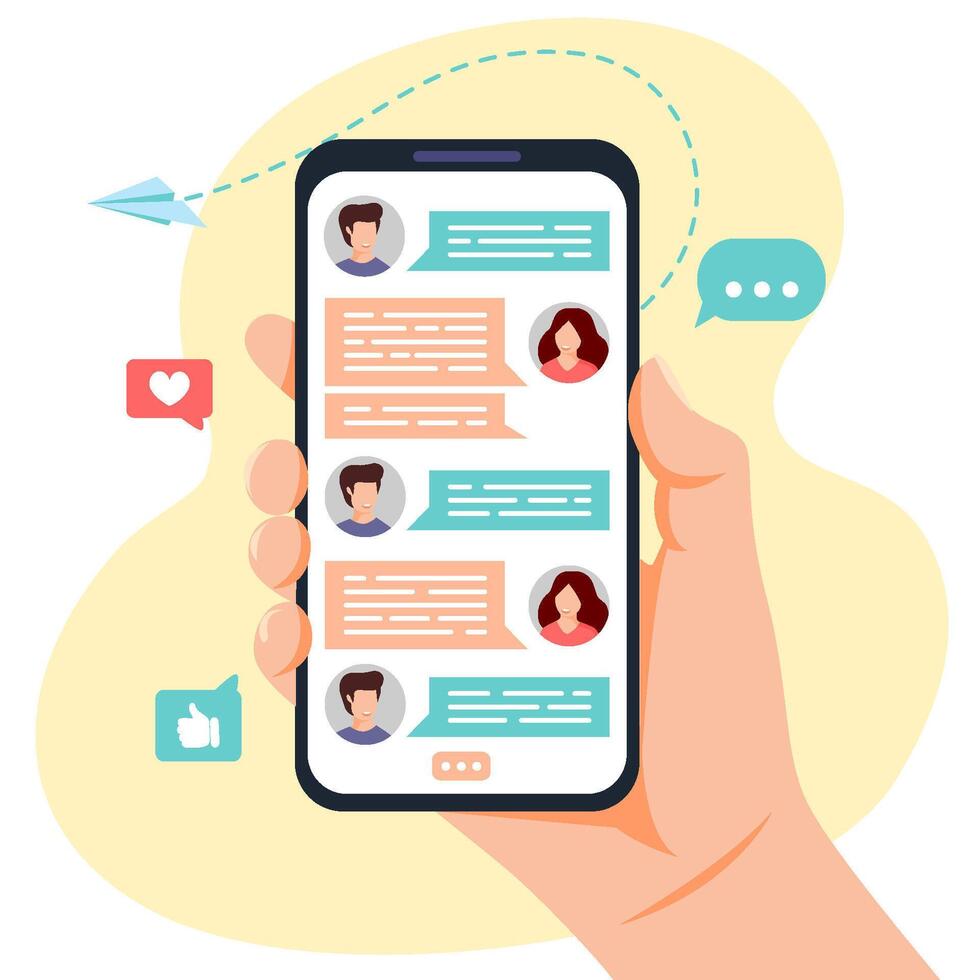 Hand holding phone with messages on screen. Chatting with friends in mobile application. Communication concept. illustration vector