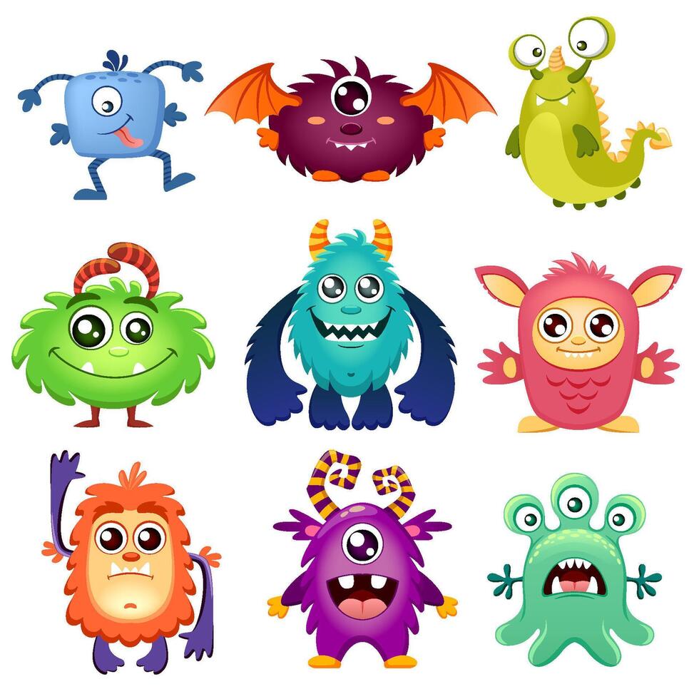 Cartoon funny smiling monster characters for kids. Set of cute comic multicolored monsters isolated on white background. illustration vector