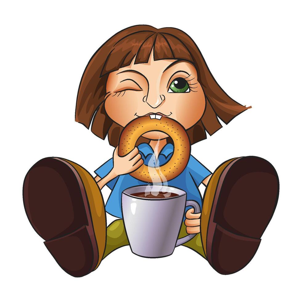 Girl drinking coffee and eating a bagel. illustration vector