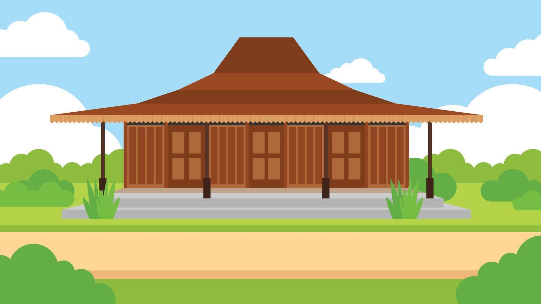 Javanese Joglo Sanggar traditional house in an open space vector