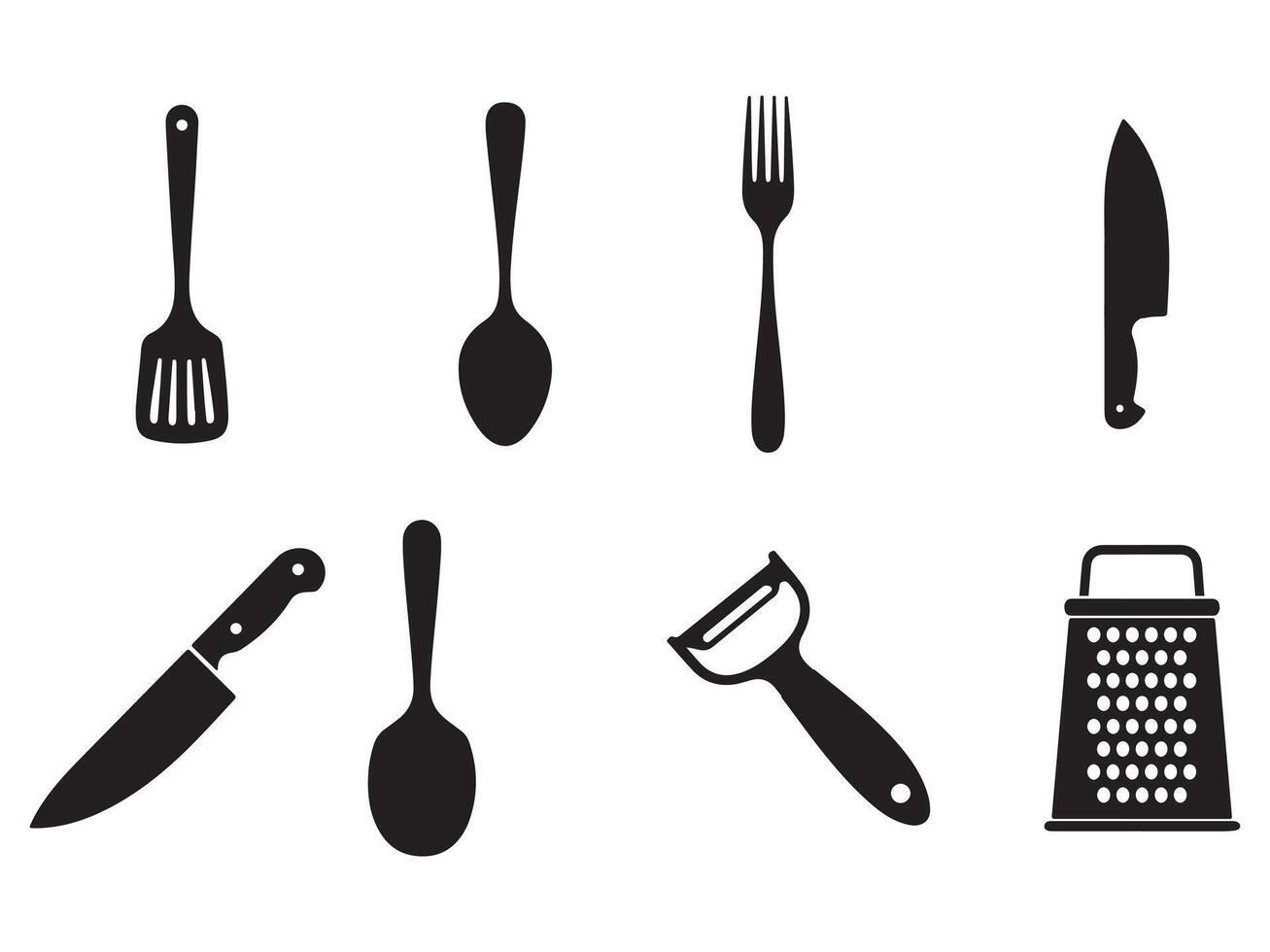 Simple Black and White Kitchen Utensil Icon on white background. spatula, spoon, fork, knife, peeler, grater silhouette illustration vector
