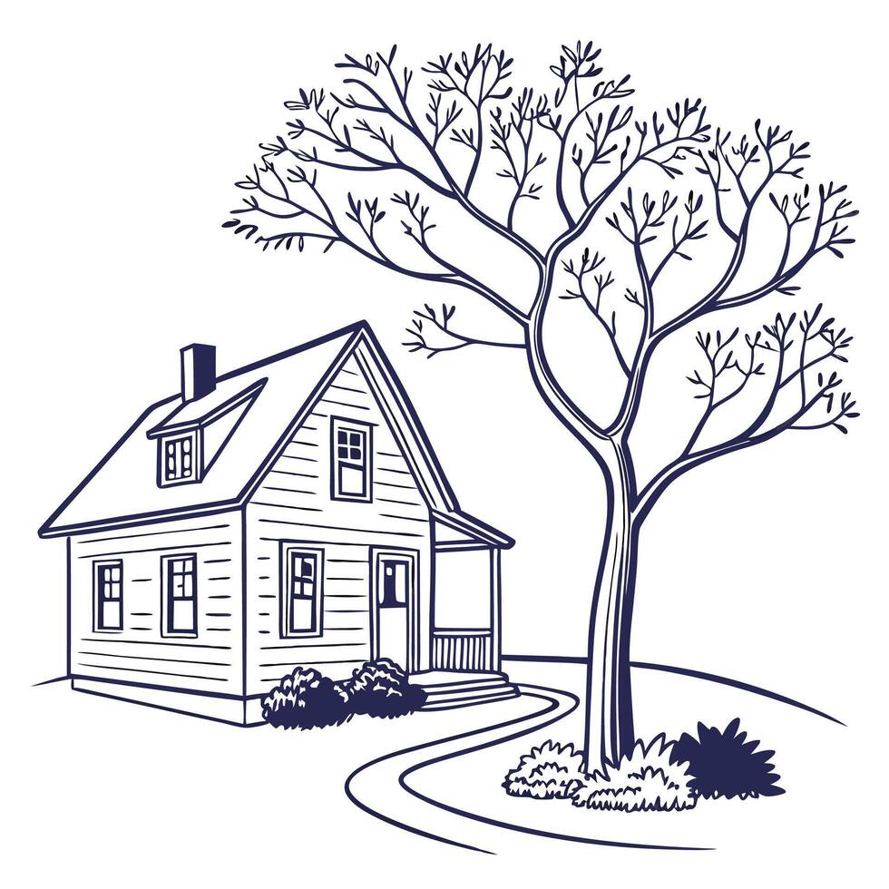 Cozy House with Large Tree Illustration vector